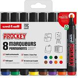 Uni Prockey Uni Mitsubishi Pencil permanente marker, geurloos, PM126, multihouder, waterbasis, geurloos, brede afgeschuinde punt, 5,7 mm, verpakking zonder kunststof, 8 kleuren