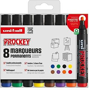 Uni Prockey Uni Mitsubishi Pencil permanente marker, geurloos, PM126, multihouder, waterbasis, geurloos, brede afgeschuinde punt, 5,7 mm, verpakking zonder kunststof, 8 kleuren