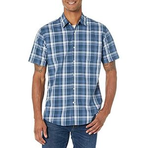 Amazon Essentials Men's Poplin overhemd met normale pasvorm en korte mouwen, Marineblauw Middelgroot geruit, XL