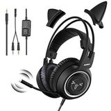 Somic G951S Gaming-headset met microfoon voor Xbox One, PS4, PC met 3,5 mm stekker, besturingsbox en afneembare kattenoren, zwart