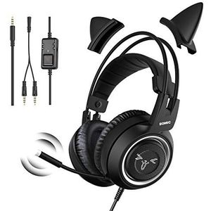 Somic G951S Gaming-headset met microfoon voor Xbox One, PS4, PC met 3,5 mm stekker, besturingsbox en afneembare kattenoren, zwart