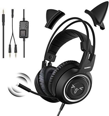 Somic G951S Gaming-headset met microfoon voor Xbox One, PS4, PC met 3,5 mm stekker, besturingsbox en afneembare kattenoren, zwart