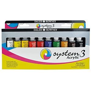 Daler-Rowney System3 acrylverf, aluminium buis, 35,4 g - 37 ml, kartonnen doos, studioset, 10 verschillende kleuren + 1 System3 acrylborstel