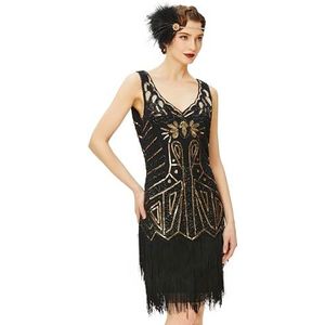 BABEYOND Flapperjurk voor dames, jaren 20, met parels, franjes, Great Gatsby-jurk, goud/zwart, XL