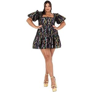 Lovedrobe Dames Plus Size Cocktail Mini Jurk met Zakken Vierkante Halslijn Gepofte Mouw Gelaagde Zwarte Curve Korte, Zwart, 52