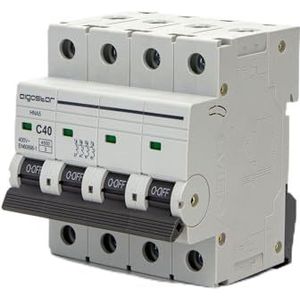 Compacte 4-polige stroomonderbreker, 40 A, C-curve in grijs, beschermt elektrische installaties, garandeert veiligheid en efficiëntie bij veeleisende projecten.