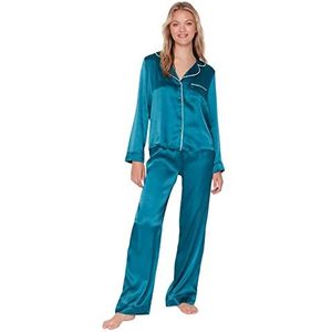Trendyol Dames effen midden geweven overhemd-broek pyjama set, Groen, 60