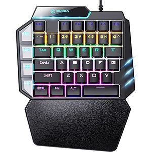 Hiwings RGB mechanisch gamingtoetsenbord, met één hand, blauwe schakelaar, draagbaar mini-gamingtoetsenbord met polssteun, RGB regenboogverlichting, 38 toetsen, zwart