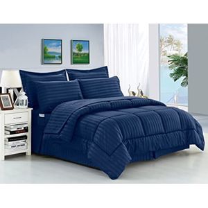 Elegant Comfort Bed-in-a-tas 8-delige dekbedset, microvezel, marineblauw, koning