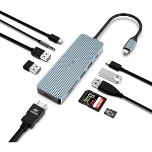 USB C HUB, 10-in-1 HUB C dockingstation met 4K HDMI, 2 USB 3.0, 2 USB 2.0, 100 W PD, 3,5 mm audio, SD/TF kaartlezer voor Windows, macOS, Linux, Chrome OS-systemen