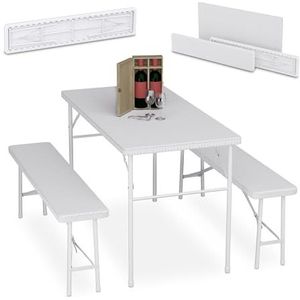 Relaxdays biertafel set, inklapbaar, 3-delig, twee bierbanken met klaptafel, rotanlook, campingtafel, tuintafel, wit