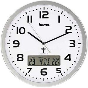 Hama Radio wandklok digitaal (grote radioklok met analoge tijdweergave, wandklok met digitale kalender en temperatuurweergave, incl. batterij) zilver