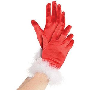 Amscan 848030-55 - Handschoenen Miss Santa, 1 paar, eenheidsmaat voor dames, rood, glanzend, met witte marabou-veren, Kerstmis, advent, Santa Claus, carnaval, themafeest