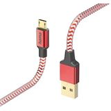 Hama Reflecterende micro-USB-kabel (USB-A 2.0-stekker naar micro-USB, afgeschermde kabel, knikbescherming, aluminium stekker, vergulde aluminium stekker, robuuste gevlochten nylonmantel, 1,5 m), rood