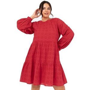 Lovedrobe Dames Smock Dress Knie-Length Ronde Hals Lange Pofmouwen Broderie Anglaise Smock Shift Katoen Casual Rood 46, rood, 46