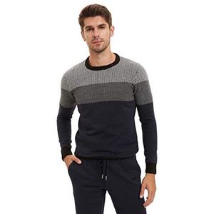 DeFacto Heren gebreide trui met lange mouwen ronde hals sweater - slim fit trui voor heren tops (marineblauw, S), navy, S