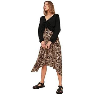 Trendyol Dames bruin luipaard patroon asymmetrische gebreide rok, XL