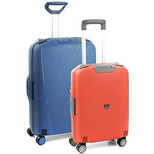 Set met 2 trolleys, middelgroot en handbagage, stijf, gemaakt in Italië, Blauw en oranje, Robuuste, waterdichte koffer met TSA-goedgekeurd veiligheidssysteem