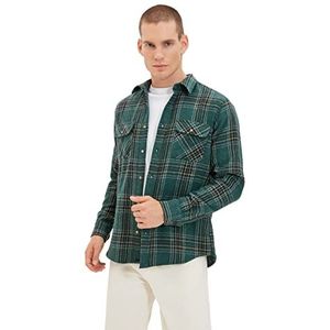Trendyol Heren Green Male Regular Fit lange mouw Double Pockets Plaid Shirt, S