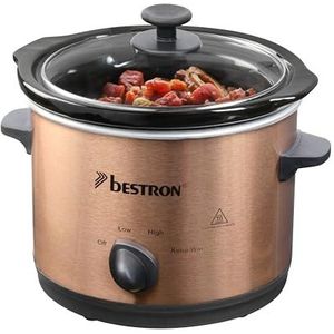 Bestron Slowcooker voor 2 personen, met keramische pan en glazen deksel, 3-traps thermostaat, ideaal voor vele gerechten zoals vlees, soepen en groenten, 1,5 liter, koperen collection, kleur: koper