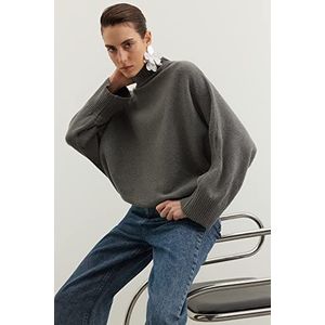Trendyol FeMan oversized basic gebreide trui met staande kraag, antraciet, M, Antraciet, M