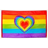 Boland 44721 - Polyester vlag regenboog, kleurrijk, afmeting 90 x 150 cm, met metalen oogjes, hartje, Christopher Street Day, hippie, homoseksualiteit, decoratie