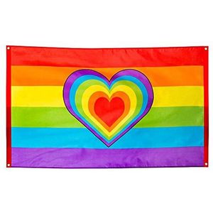 Boland 44721 - Polyester vlag regenboog, kleurrijk, afmeting 90 x 150 cm, met metalen oogjes, hartje, Christopher Street Day, hippie, homoseksualiteit, decoratie