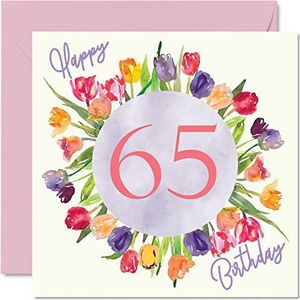 Mooie 65e Verjaardagskaarten voor Vrouwen - Aquarel Tulpen Bloemen Boeket - Gelukkige Verjaardagskaart voor Haar Oma Nanny Oma Mum Verjaardagscadeaus, 145mm x 145mm Mooie Bloemen Wenskaarten Gift