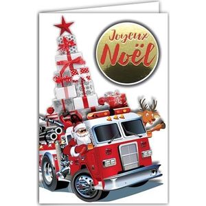 AFIE Kaart Vrolijk Kerstfeest collage in reliëf van glanzende tekst met witte envelop 12 x 17,5 cm - Kerstman brandweerwagen rood rendier boom piramide geschenken ster beste wensen voor kinderen