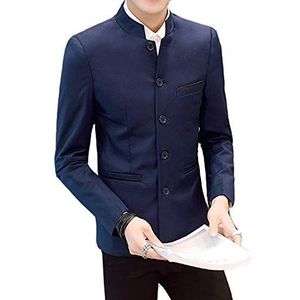 Pearl's, Men's Chinese Tunic Suits Mandarin Collar Formal Jacket Slim Fit Front Button Blazer Traditional Uniform Groom Dress (Navy, M)