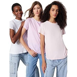 Trendyol Dames Basics Regular fit Basic Crew Neck Knit T-shirt, Wit-Roze, L, Wit-roze, L