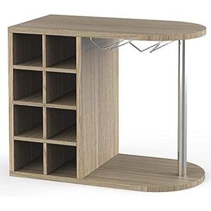 BAKAJI Wijnrek voor wijnflessen, sterke drank, voor muur of tafel, houten frame voor kelder met 2 planken voor 8 flessen, plank en wijnglashouder van metaal, 42 x 52 x 28 cm (eiken)