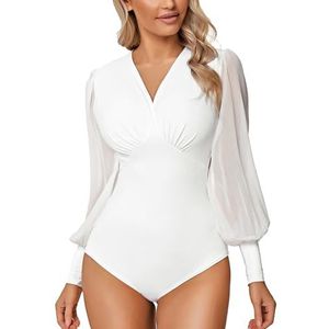 Litherday Bodysuit voor dames, lange mouwen, bodysuit met pofmouwen, slanke bodysuit, shapewear, sexy, slank, V-hals, elegant, casual, Wit, S