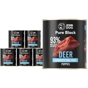 JOHN DOG Pure Black Premium natvoer voor honden, 93% vlees, puppyvoer, hypoallergeen hondenvoer, glutenvrij natvoer, 100% natuurlijke ingrediënten, hondentraktaties, 6 x 800 g, hert