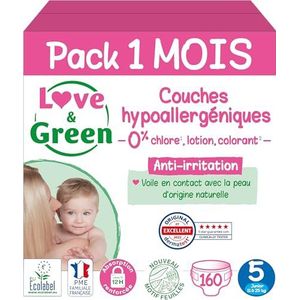 Love & Green - Gezonde en milieuvriendelijke babyluiers – maat 5 (11-25 kg) – verpakking 1 maand (160 luiers) – absorberend, lekvrij en zonder ongewenste ingrediënten