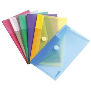TARIFOLD Djois Made by 6 gerecyclede enveloppen, kunststof, ongeperforeerd, klittenbandsluiting, formaat M65/cheque, 6 kleuren (blauw, paars, groen, geel, roze, transparant) – 510279
