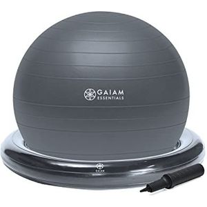 Gaiam Essentials Balance Ball & Base Kit, 65 cm Yoga Ball Stoel, Oefenbal met Opblaasbare Ring Base voor Thuis of Kantoorbureau, Inclusief Luchtpomp - Grijs