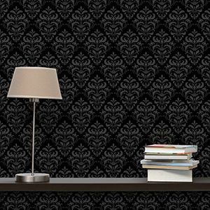 Apalis Vliesbehang donker barok patroonbehang breed | vliesbehang wandbehang foto 3D fotobehang voor slaapkamer woonkamer keuken | zwart, 98180