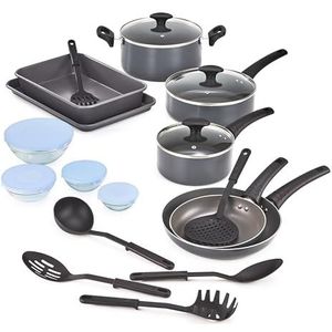 BELLA 17251 21 Stuk Koken Bak en Store Keuken Essentials Set, 18/8 roestvrij staal glas gietijzer, zwart