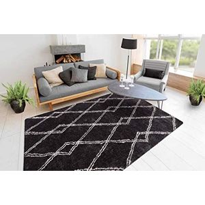 One Couture Shaggy hoogpolig tapijt ruiten Berber patroon woonkamer zwart woonkamer tapijt eetkamer tapijt loper hal loper, afmetingen: 80cm x 150cm