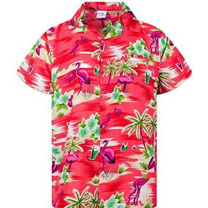 Funky Hawaiiaans Overhemd, Hawaii-Overhemd, Korte Mouw, Flamingos OLD, Rood, L