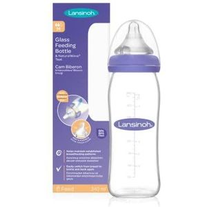 Lansinoh Glass Baby Bottle with NaturalWave Teat (240 ml), Anti-colic, Premium heat & thermal shock-resistant glass, Medium Flow soft & flexible silicone teat, teats are BPA & BPS free, purple
