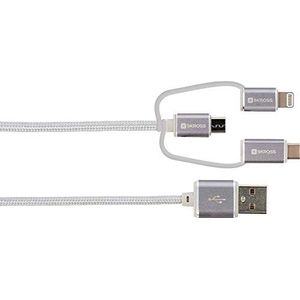 SKROSS 3-in-1 kabel - met Lightning-connector, Micro USB en USB C voor iPhone/iPad/Samsung/Huawei etc. - 30 cm lengte - Apple gecertificeerd, grijs