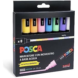 Posca UniPosca Complete set met 8 markers in pastelkleuren, medium punt 2,5 mm - schrijfwaren met acrylstiften Uni Posca, ook als verf voor stoffen, hout, glas, keramiek en meer
