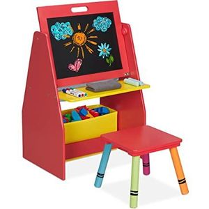Relaxdays opbergkast speelgoed met krijtbord, 2 vakken en een stoffen box, HBD: 84x52x45 cm, speeltafel met kruk, rood