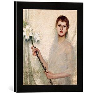 Ingelijste afbeelding van Franz Von Stuck Young Girl with a Flower, kunstdruk in hoogwaardige handgemaakte fotolijst, 30 x 30 cm, mat zwart