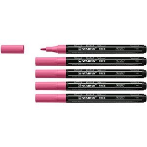 Acrylmarker - STABILO FREE Acrylic - T100 Ronde Punt 1-2mm - 5 stuks - taffy roze