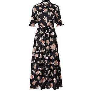 KAFFE Damesjurk maxi-jurk met strik, taille, 3/4 mouwen, klassieke kraag, knopen aan de voorkant, casual, zwart diep, maat 38