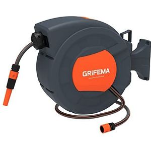 GRIFEMA G301-25 Persluchtslanghaspel, Slanghaspel met Automatische Oproller voor Perslucht Slang, 180 ° Muur Draaibaar, （Slang: 25m+1.5m）