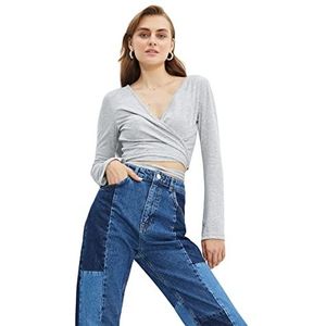 Trendyol Dames getailleerde Wrapover double-breasted gebreide blouse, Grijs, S